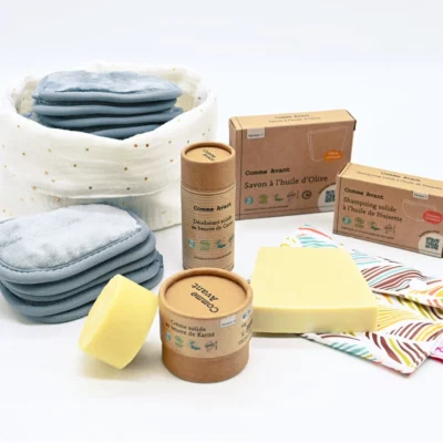 Kit salle de bain : crème, shampoing et déodorant solide + cotons démaquillants (16 pièces)