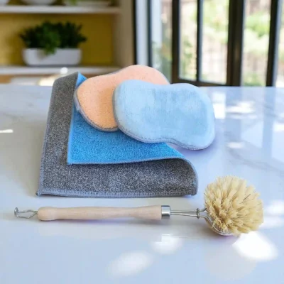 Kit découverte “Faut que ça brille” : éponges lavables et brosse vaisselle – 4 pièces