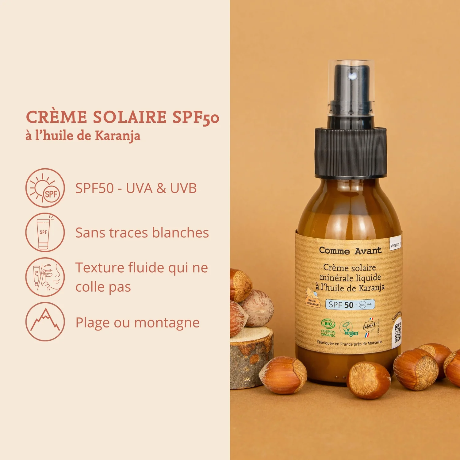 Crème solaire SPF50 minérale liquide à l'huile de Karanja- Comme Avant – Image 3