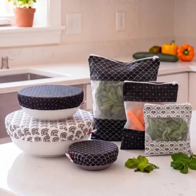 Kit découverte couvre-plats et sac congélation en tissu – 6 pièces