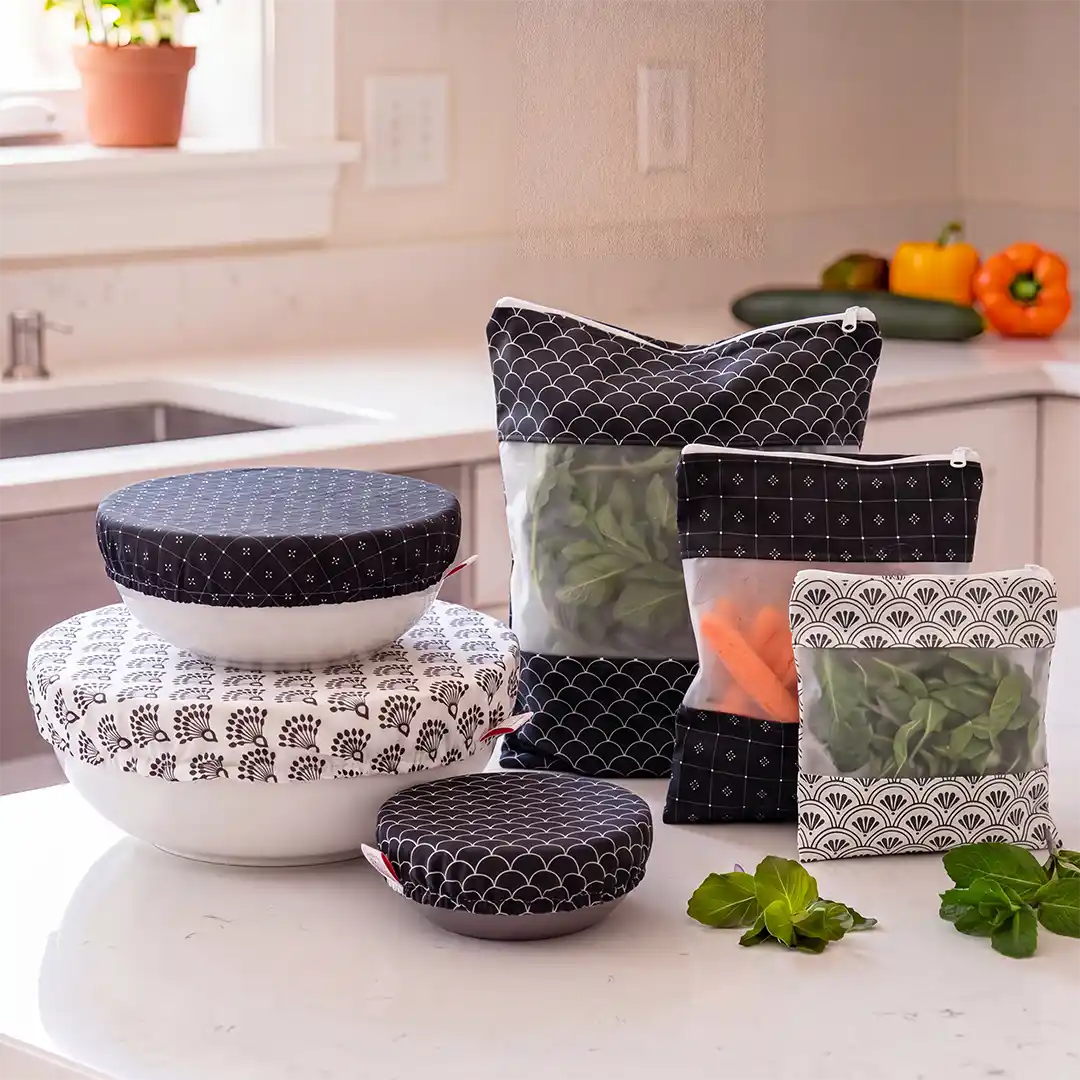 Kit découverte couvre-plats et sac congélation en tissu – 6 pièces